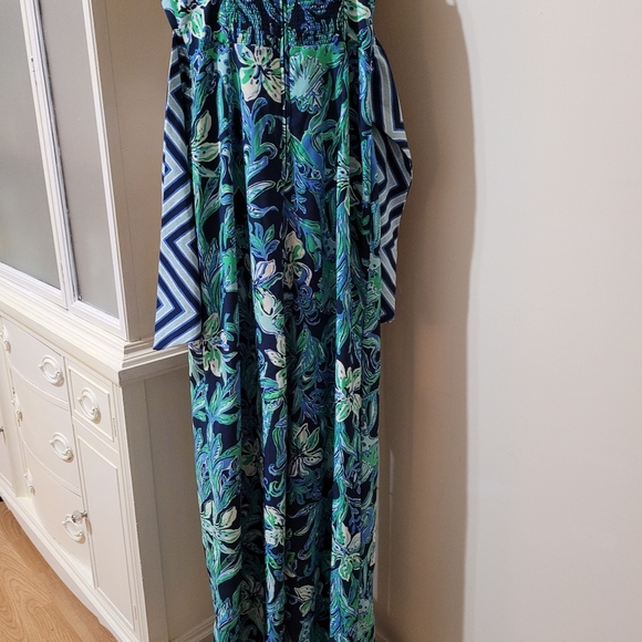 Lilly Pulitzer Blue Green Nila Jumpsuit with striped fabric tie belt wide leg - Picture 2 of 16